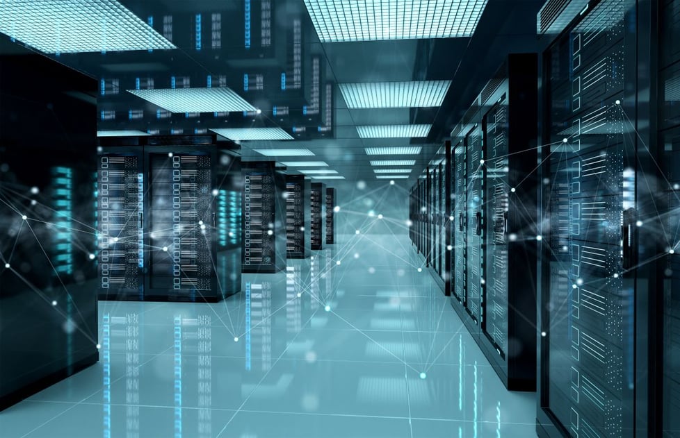 The inside of a data center with a graphic overlay suggesting a network.