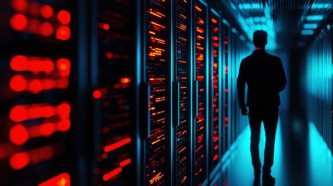 A silhouette of a person walking in a data center, illuminated by colorful server lights.