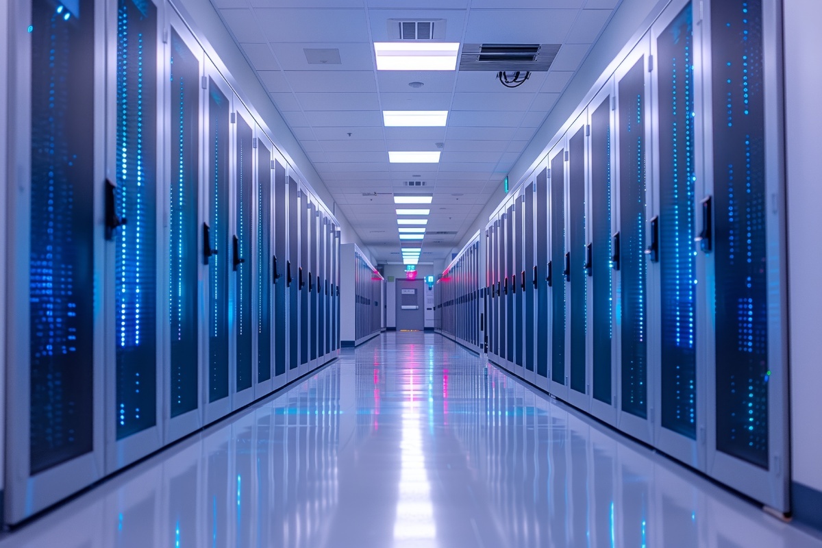 A brightly lit data center aisle with server racks.