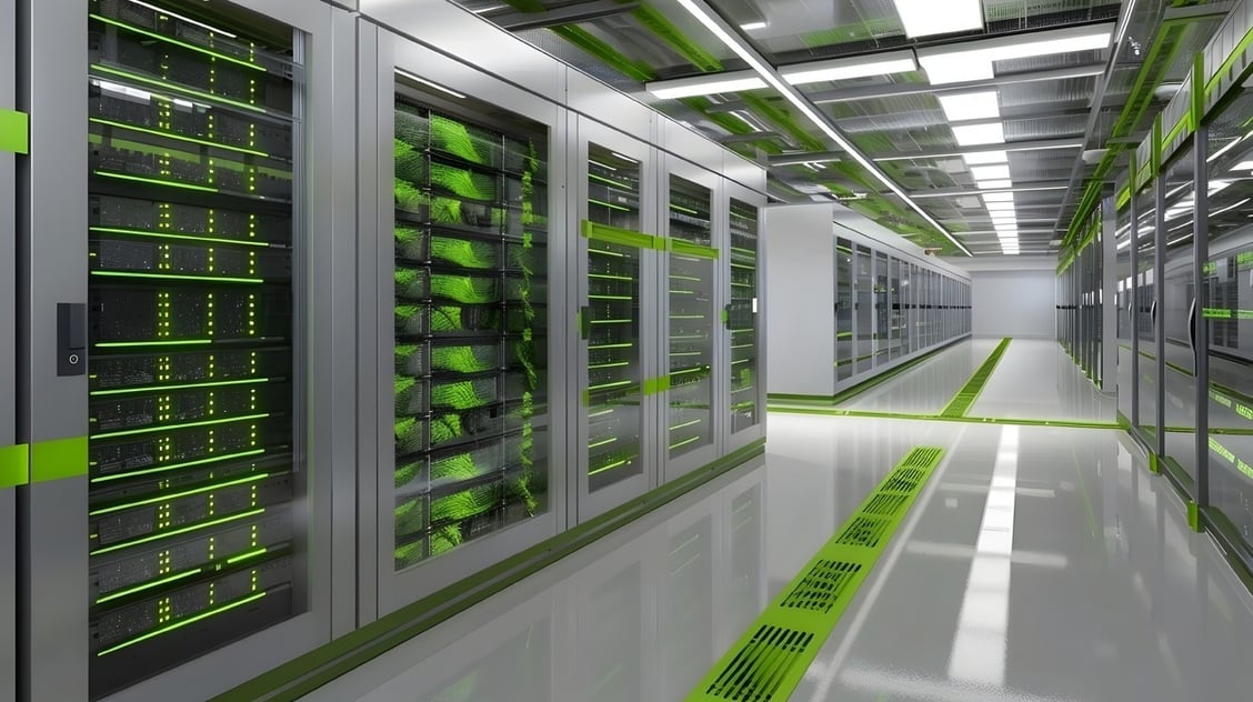 A 3D rendering of a modern eco-friendly data center.