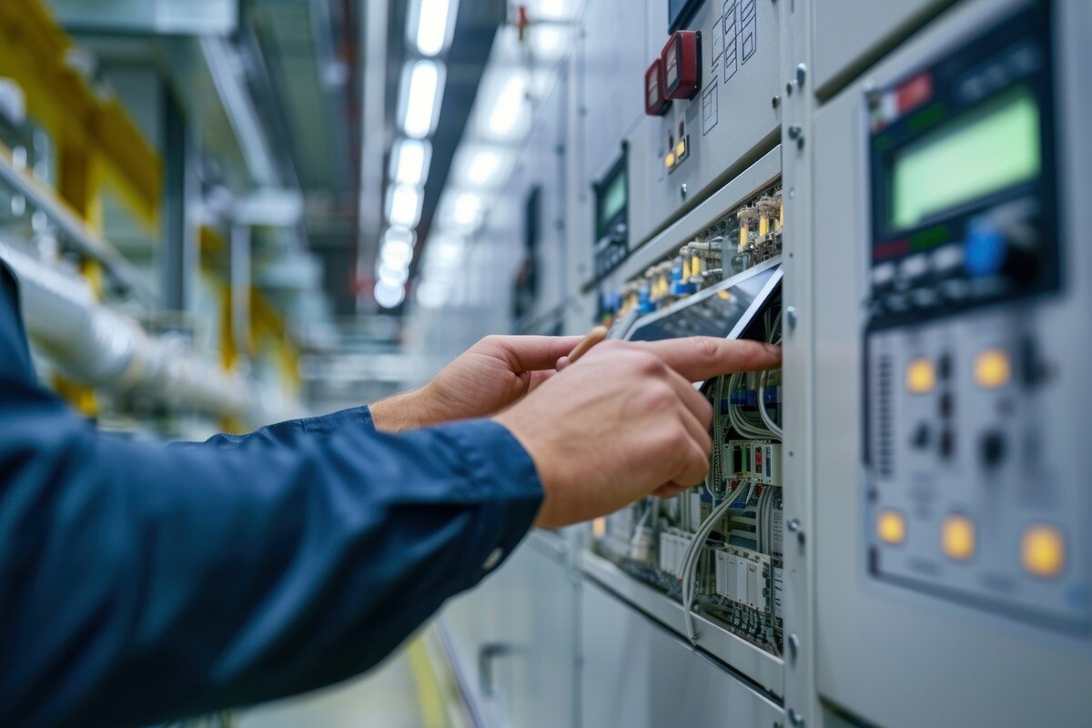 A male employee reviews electrical switchgear components.