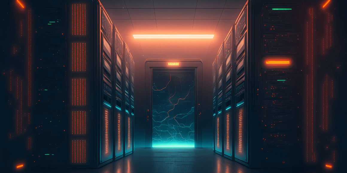 Data center with AI neural network visible through doorway